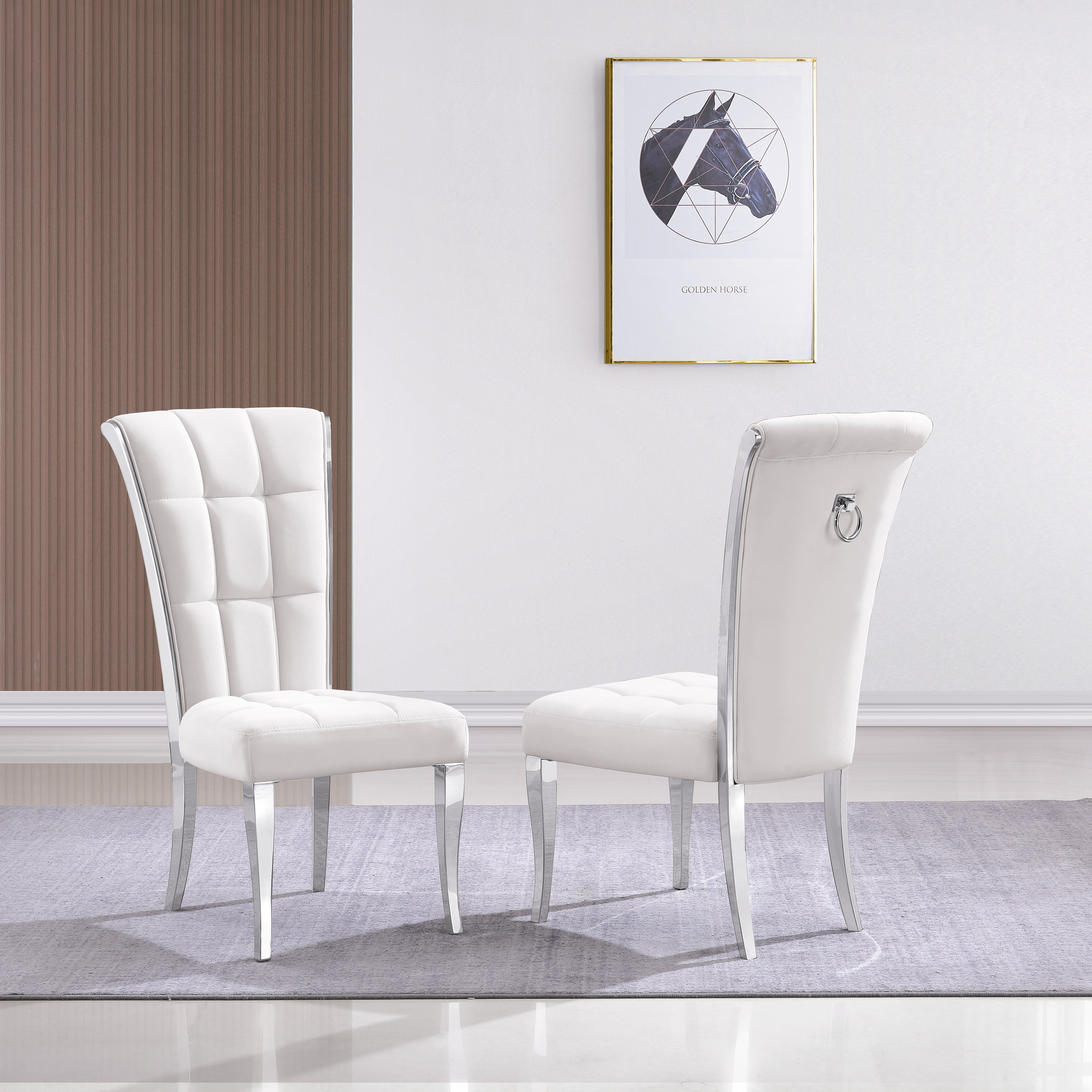 Rosdorf Park Gudbrand High End Velvet Dining Room Chair with Metal Back Ring Pull Trim Silver Legs Wayfair